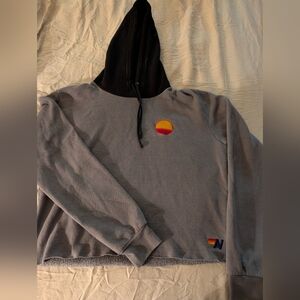 Aviator Nation Gray Boyfriend Cropped Hoodie with Vibrant Sunset Patch